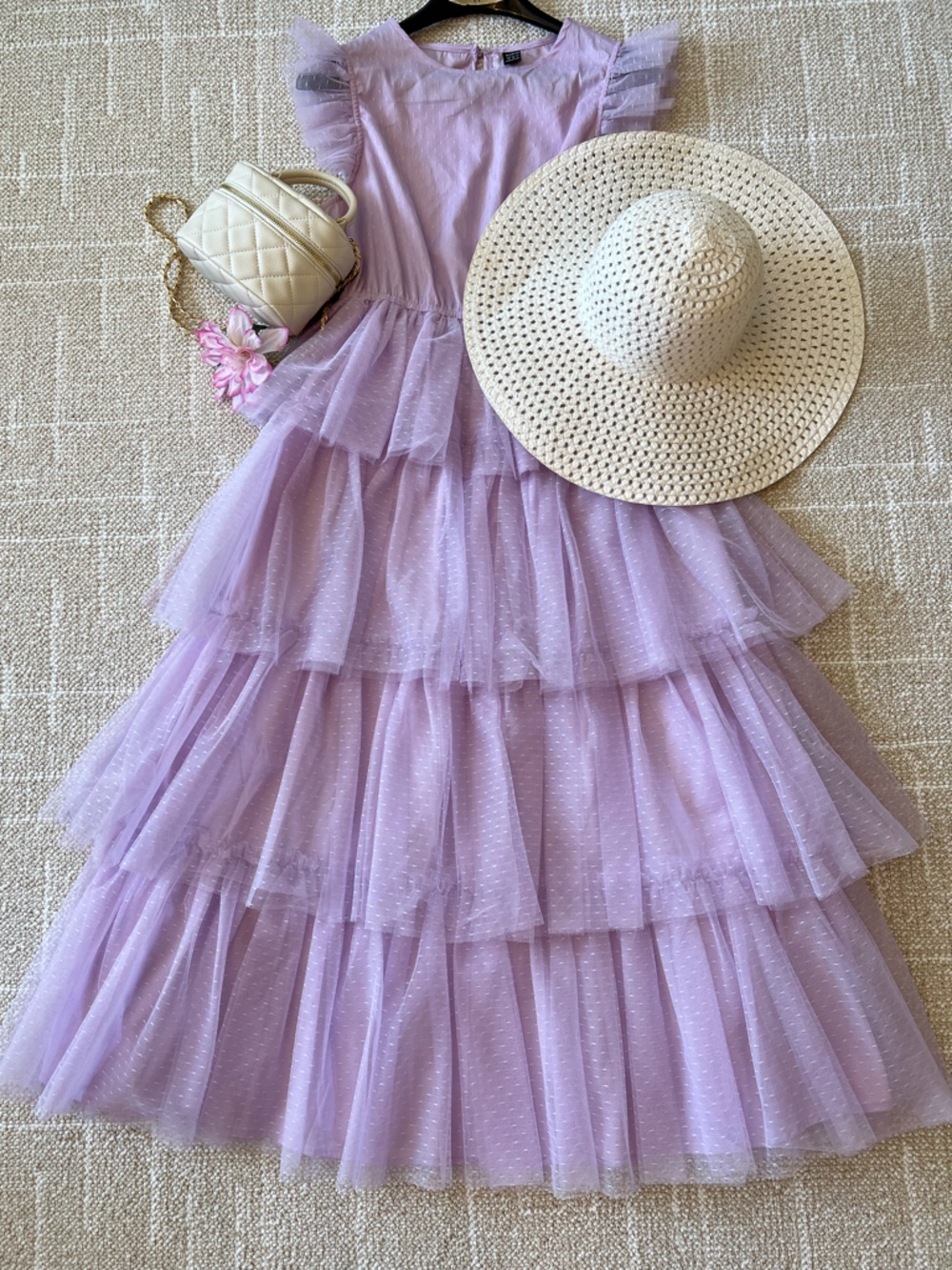 Lavender Tiered Tulle Maxi Dress with Cute bag and Sun Hat 👒 3 for $29!!